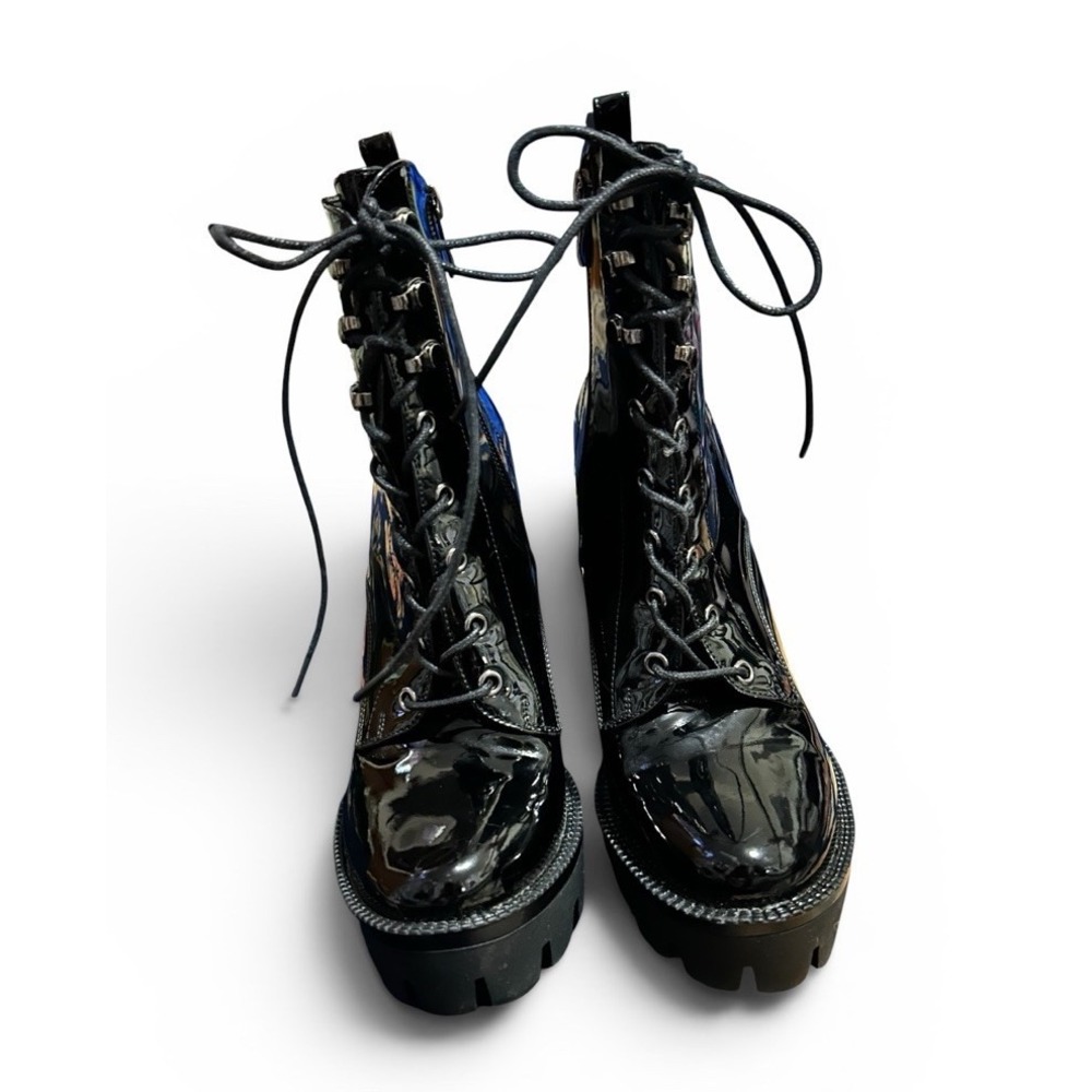 WETKISS Black Patent Leather Platform Boots Chunk Heel Punk Goth Lace Up SZ 8/38 - Picture 3 of 8